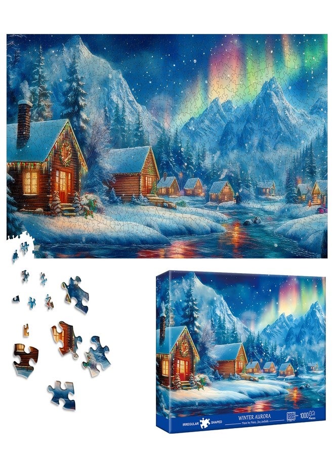 Bimkole Winter Aurora Puzzles for Adults 1000 Pieces, Snow House Paper Jigsaw Puzzle 1000 Pieces - Fun and Challenging Family Decoration Puzzle Great Gift Idea, Finished Size is 31.5 x 16.14 in - Image 1